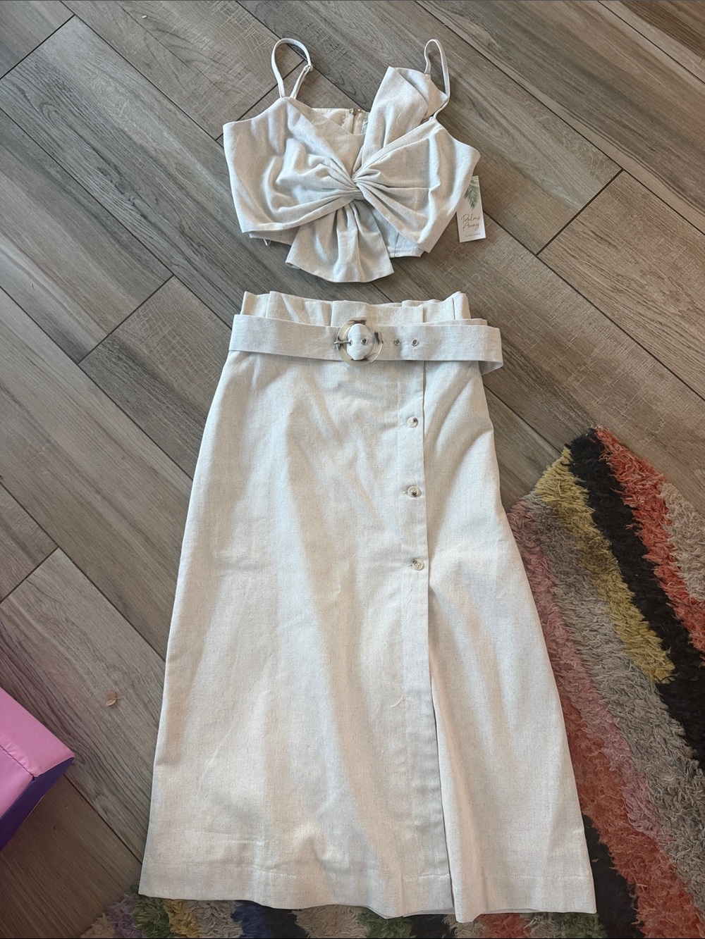 Women's Cream High-Waist Midi Skirt Set with Belt